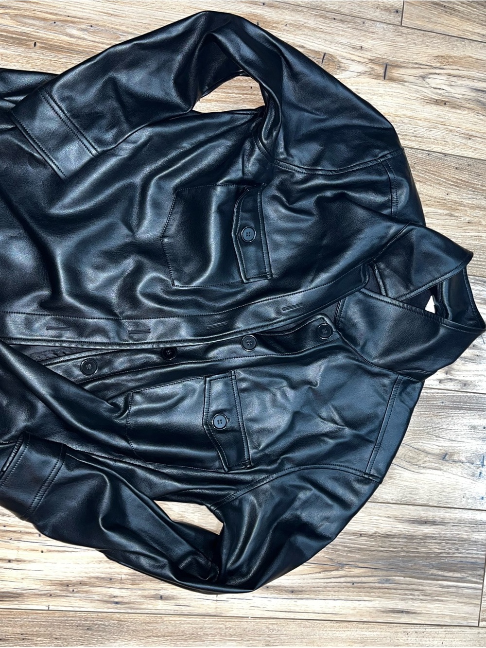 Time and Tru Black Faux Leather Button-Up Jacket